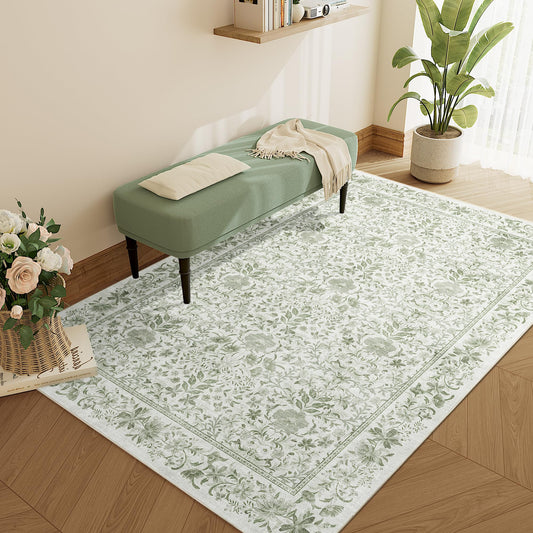 DUKINO 3x5 Area Rug, Vintage Floral Washable Rug for Bedroom with Non Slip Design, Soft Low Pile Indoor Small Carpet for Bedroom, Farmhouse, Living Room, Office, Bathroom, Sage Green