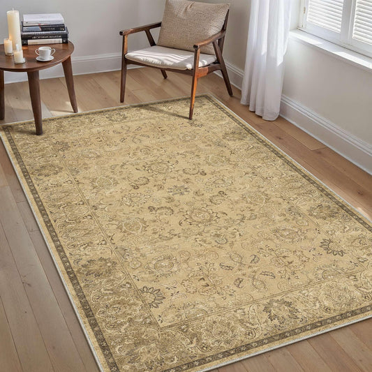 HUGEAR 3x5 Machine Washable Area Rugs Vintage Brown - Neutral Non Slip Stain Resistant Low Pile Aesthetic Throw Carpet Kids & Pet Friendly for Living Room Kitchen Dining Room Laundry
