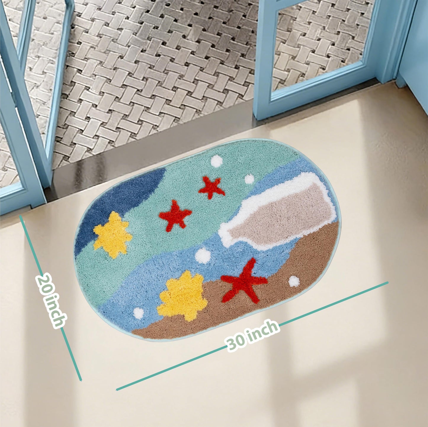 ORTIGIA Coastal Beach Bathroom Rugs Non Slip Washable, 20x32 Oval Soft Microfiber Sea Bath Mat, Quick Dry Absorbent Shower Rug for Bathroom Floor Tub Shower Sink