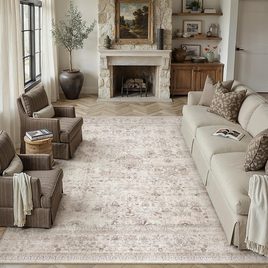 PureCozy 8x10 Area Rug Non Slip Large Vintage Living Room Distressed Washable Carpet Traditional Indoor Bedroom Grey Retro Floral Accent Throw Rug for Office Kitchen Dorm Dining Room,Beige