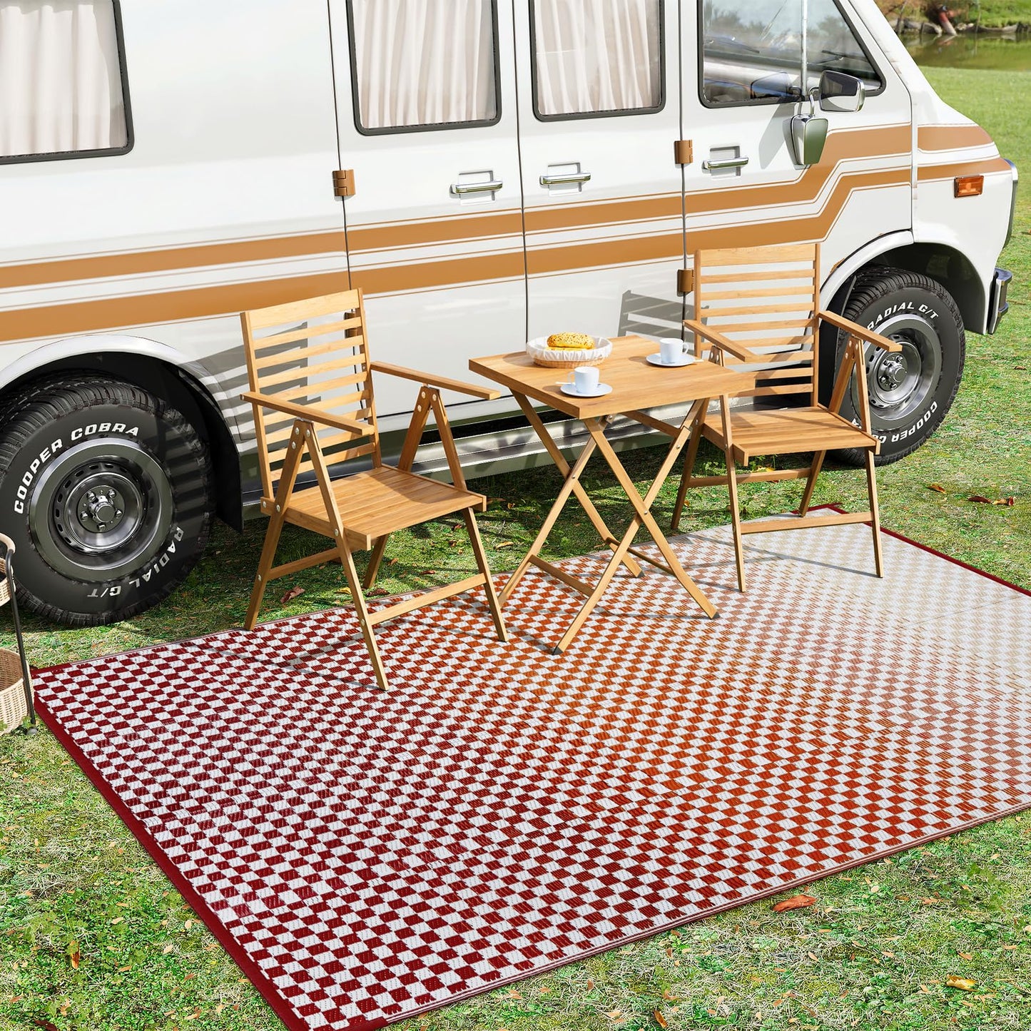 Wonnitar Waterproof Outdoor Rug 6x9 - Orange Red Gradient Checkered Camping RV Rug, Outside Patio Plastic Straw Mat for Balcony, Lightweight Reversible Portable Deck Carpet