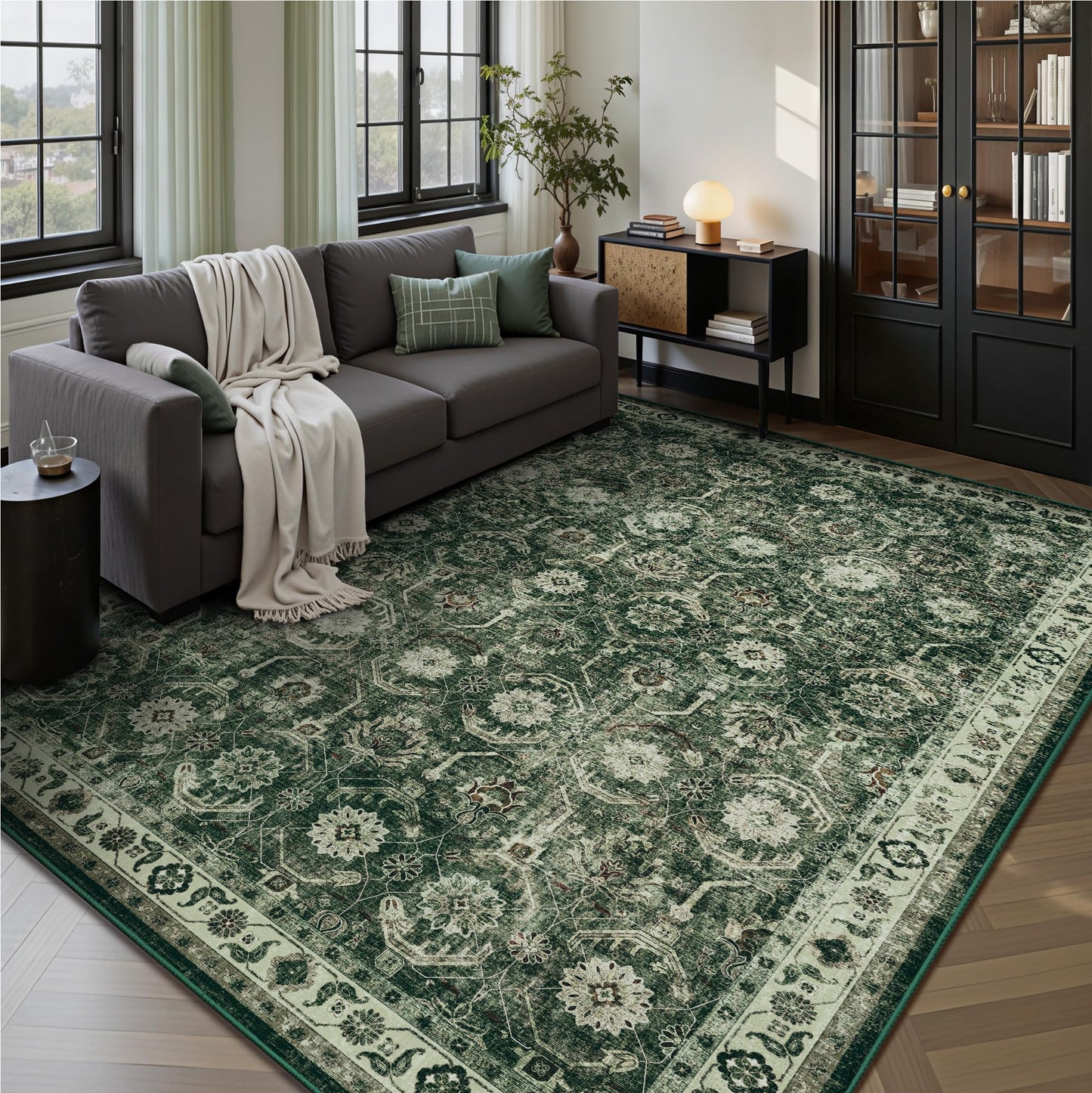 Woodbruy 6x6 Square Area Rug, Soft Non Slip Low Pile Washable Rug, Boho Modern Area Rug for Living Room，Bedroom, Laundry Room, Dark Green/Beige