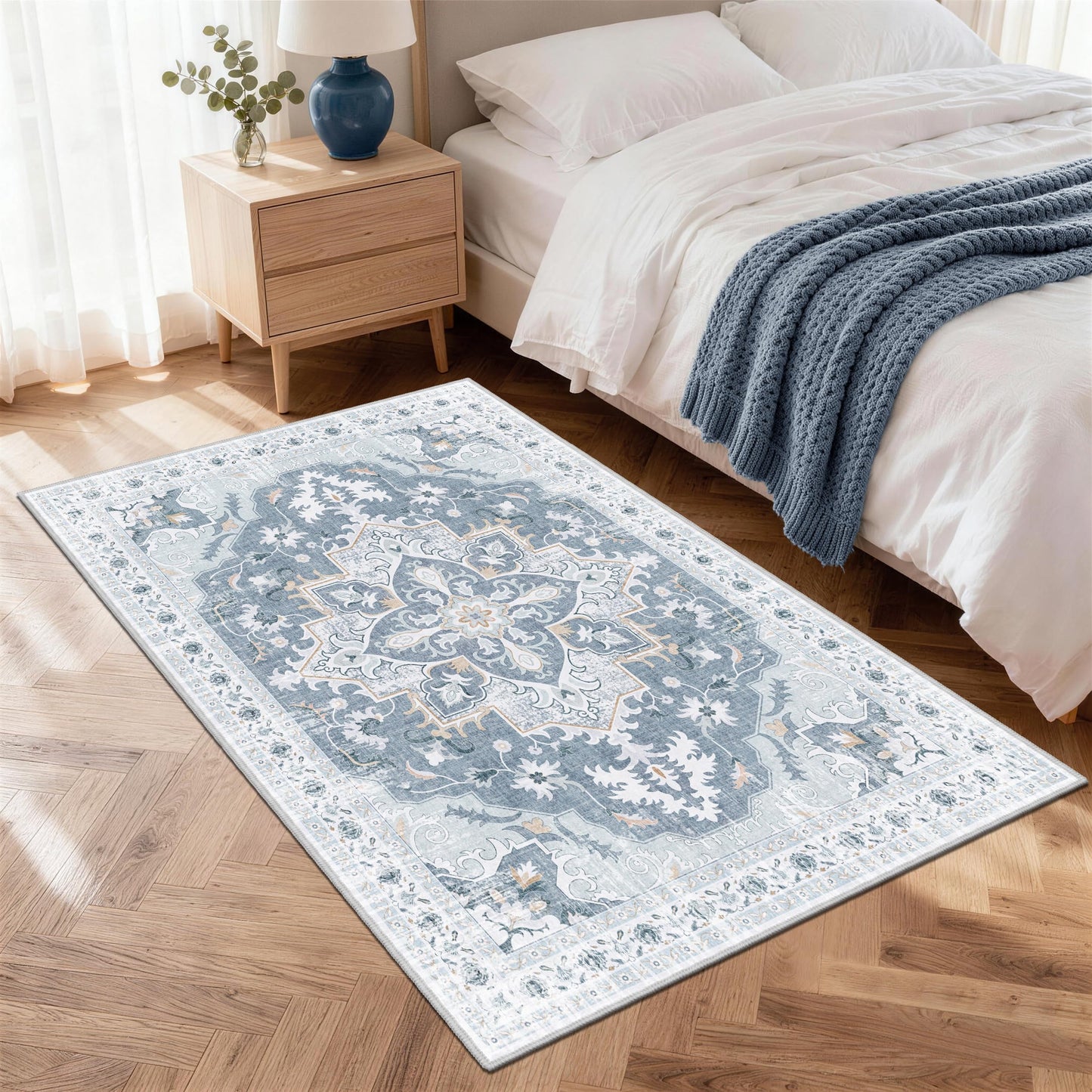 TTelephant 4x6 Area Rug, Soft Non-Slip Vintage Medallion Rug, Low-Pile Printed Indoor Washable Area Rugs for Living Room, Bedroom Bedside, Entryway, Kitchen -Blue/Gray