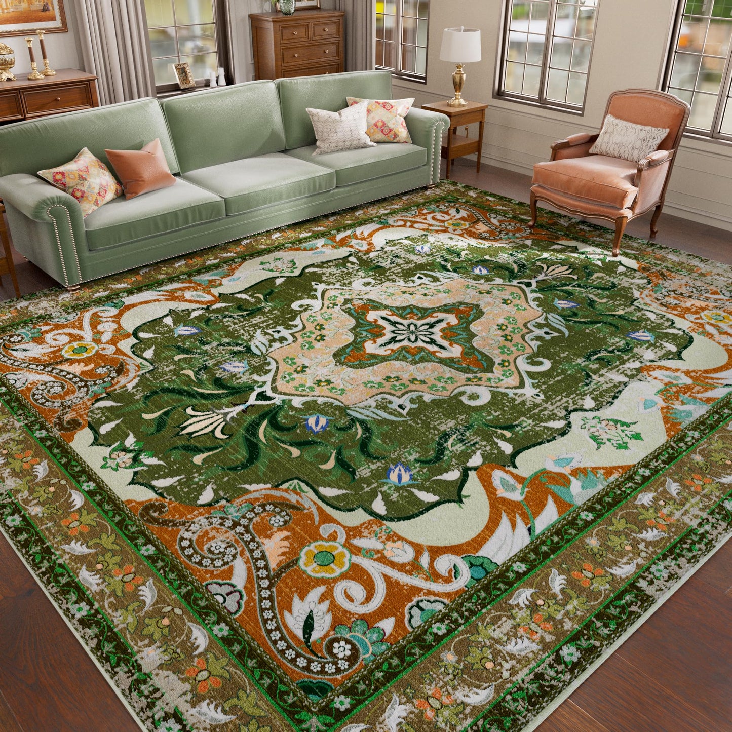 RUSHUFFY 6x9 Washable Area Rugs for Living Room, Non-Slip Boho Vintage Traditional Medallion Print Pattern Carpet for Bedroom Dining Room Farmhouse Nursery Room, Dark Green