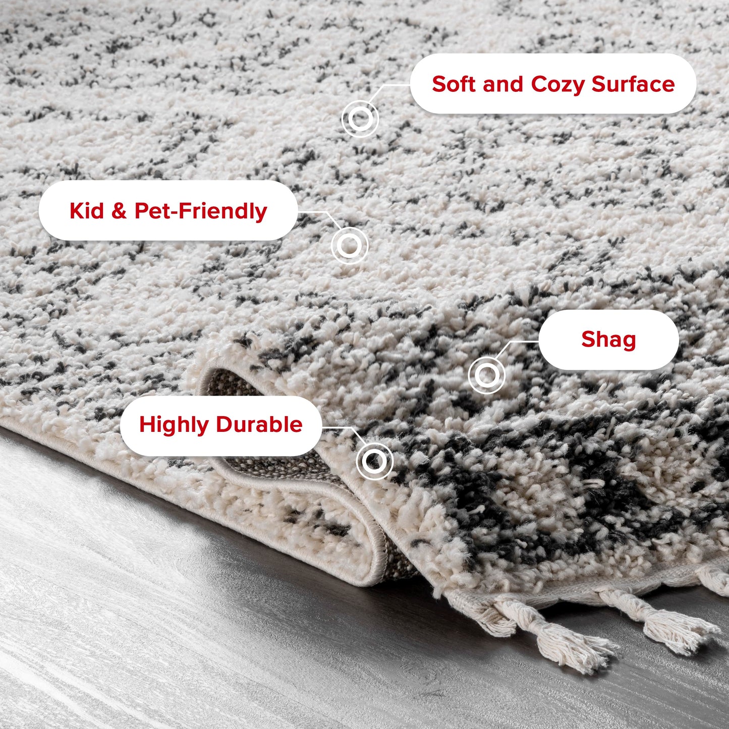 Nuloom Vasiliki Off-White/Charcoal, 7'10" x 10', Moroccan Shag, Tassel, Soft and Plush, High Traffic, Stain Resistant, Easy Clean, Durable Area Rug for Bedroom, Living Room, Dining Space, Den, Foyer