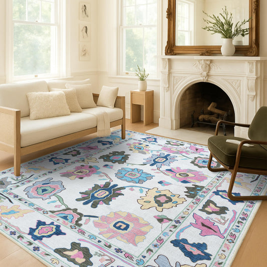 Fame Living Colorful Oushak Rug, Modern, Vintage, Turkish, Eclectic, Floral, Pastel, Washable, Area Rugs for Living Room, Dining, Bedroom, Office, Entryway, Foyer, Playroom, Nursery, 5'x6'9"