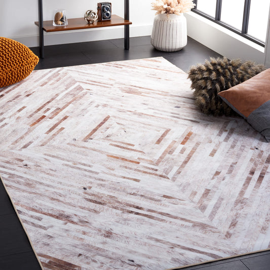 SAFAVIEH Washable Rug Faux Hide Collection - 8' x 10', Beige & Brown, Slip Resistant, Western Rustic Decor, Printed Pattern, Ideal for Living Room, Bedroom, Home Office, Dining Space (FAH526A)
