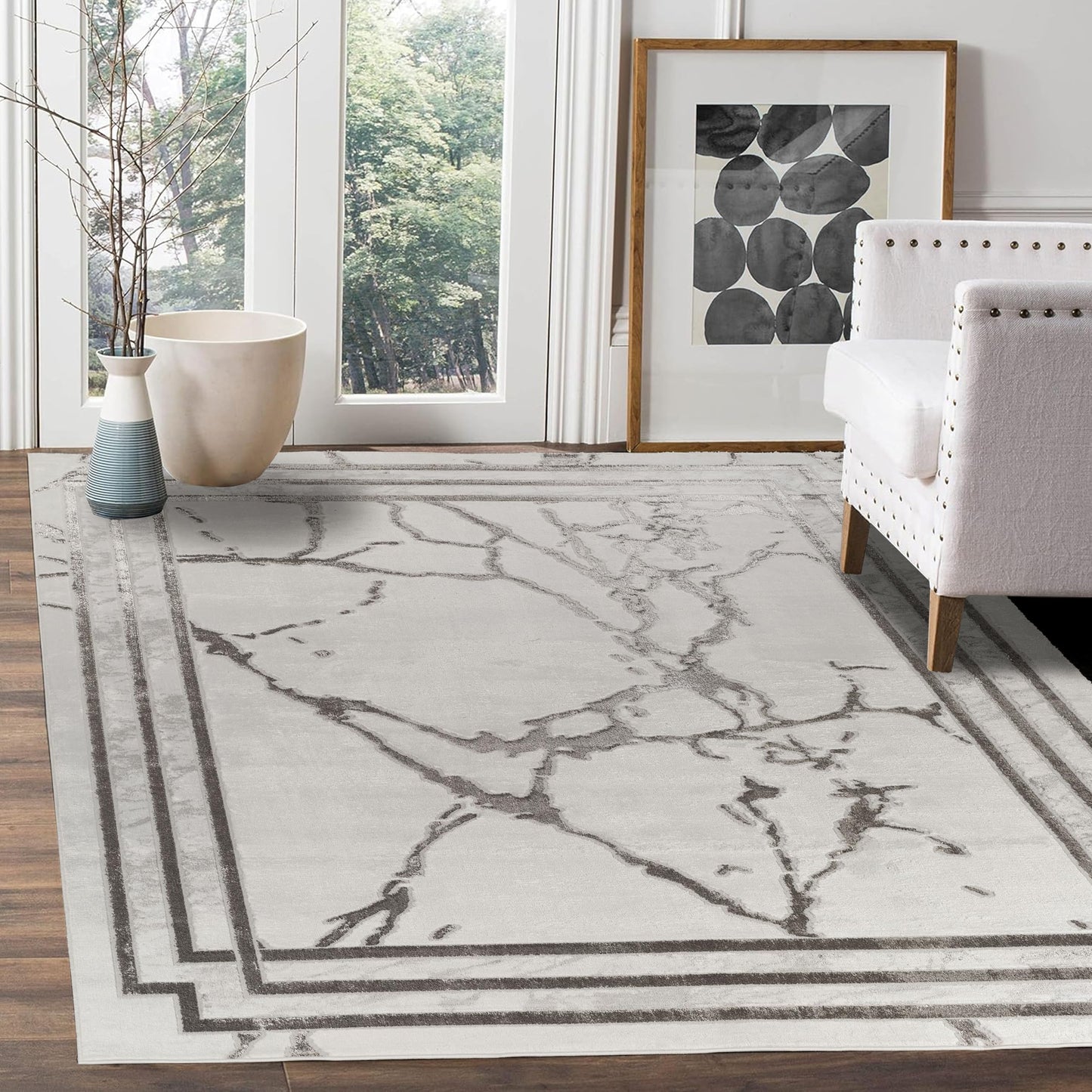 GLORY RUGS Area Rugs Marble 8x10 Cream Silver Border Carpet Elegant Modern Abstract Rug Living Room Dining Bedroom Rug