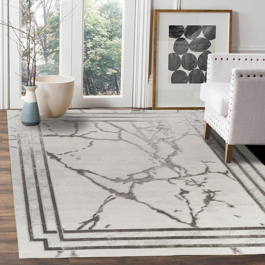 GLORY RUGS Area Rugs Marble 5x7 Cream Silver Border Carpet Elegant Modern Abstract Rug Living Room Dining Bedroom Rug