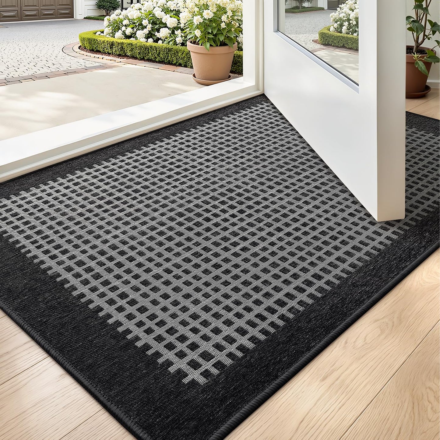 LUMI Inside Door Mat for Entry 17''x30'', Absorbent, Dirt Trapper, Low Profile Thin, Non Slip Mats with Rubber Backing, Ideal for Indoor, High Traffic, Garage, Entrance, Checkered Black