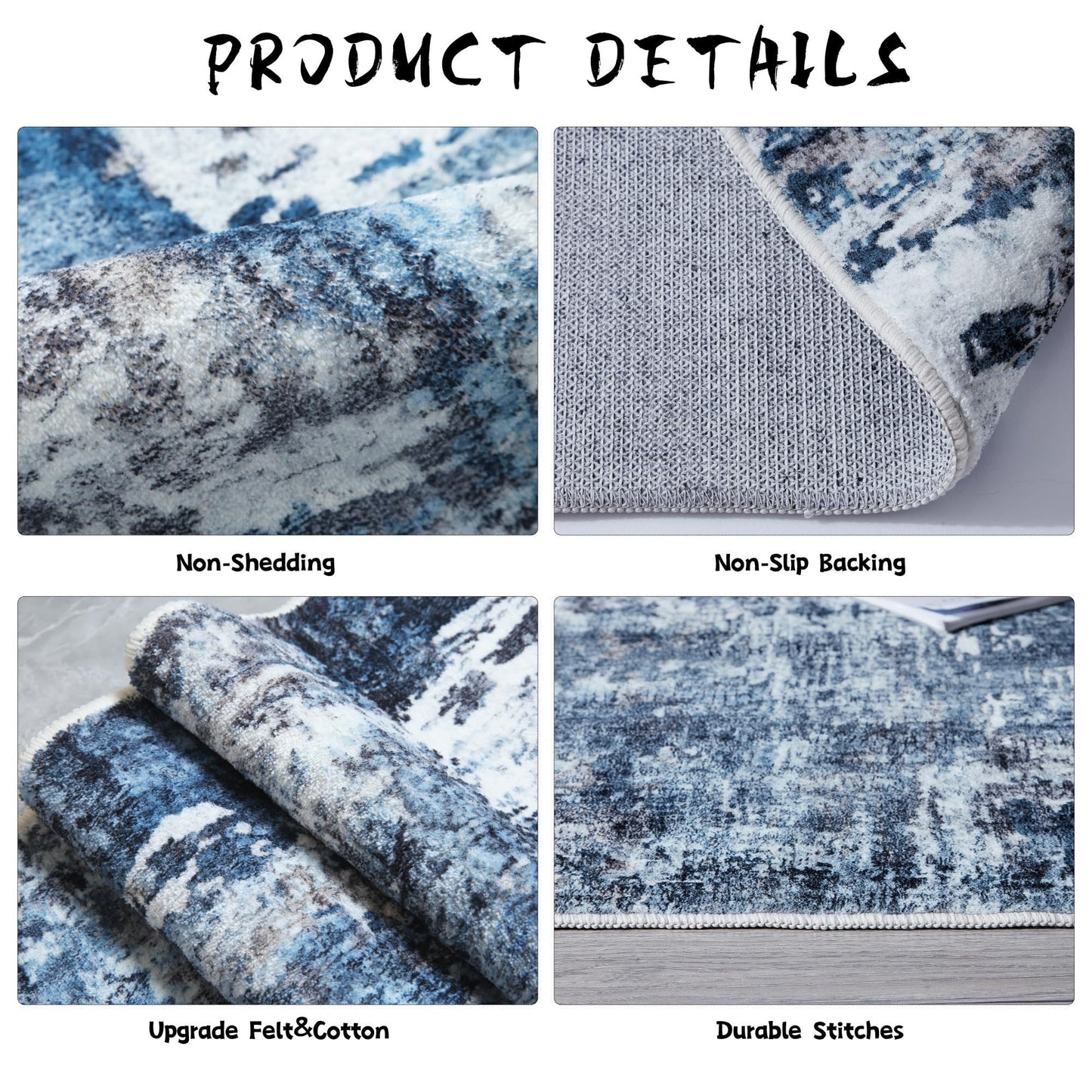 Rugcomf Area Rug 5x7 Washable Rug Boho Soft Abstract Pattern Non-Slip Non-Shedding Faux Wool Vintage for Living Room, Bedroom, Farmhouse, Dining Room, Indoor, Kids Playroom, Blue