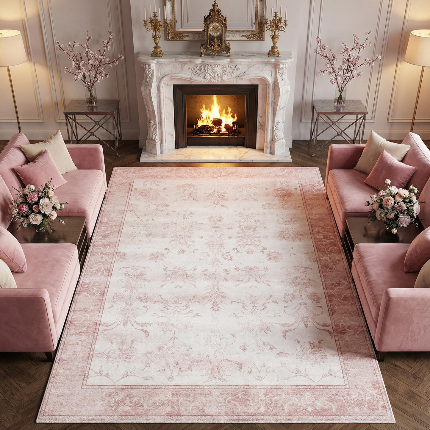 Cnythlis Large 8'x10' Washable Boho Area Rug, Distressed Vintage Medallion Carpet for Big Dining Room, 0.26" Low Pile Spill Resistant Faux Wool Rug - Foldable Non-Slip Silicone Grip, Pink & White