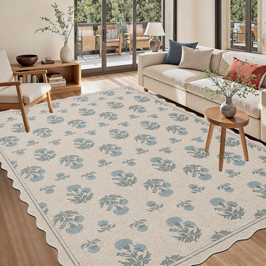 ORTIGIA Scalloped Easy Jute 5x7 Area Rug Vintage Blue Floral Farmhouse Washable Non-Slip Indoor Outdoor Carpet for Living Room Bedroom Patio Entryway