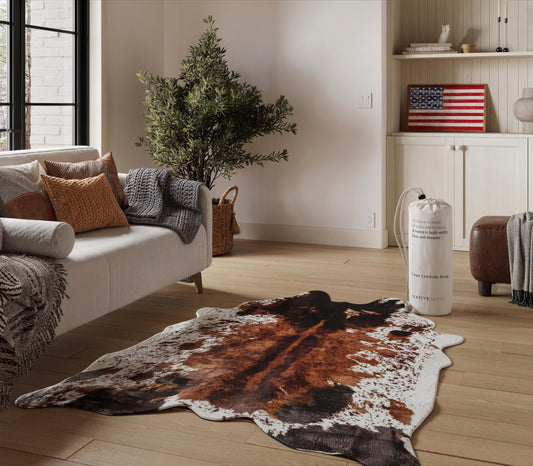 NativeSkins Faux Cowhide Rug 4'3" x 5'7" – Brown Cow Print Area Rug for Living Room & Bedroom – Non-Shedding, Flat-Lay, Pet-Friendly – Faux Suede Grip Backing – Vegan Western Farmhouse Decor