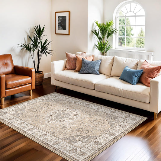 3x5 Living Room Area Rugs: Vintage Washable Non-Slip Rug for Bedroom Dining Room Soft Carpet for Nursery Kitchen Home Office Durable & Easy-Clean Design Perfect for Homes with Cats & Dogs(3x5 Beige)