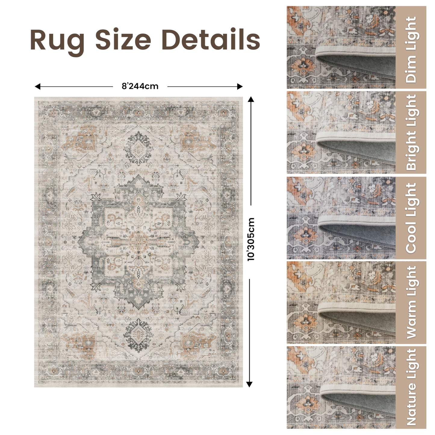 Rugland Washable Rugs 8x10 - Low Pile 8x10 Area Rugs, Anti Slip Stain Resistant Large Rugs for Living Room, Vintage Medallion Printed Machine Washable Area Rugs(8'x10', Taupe/Grey)