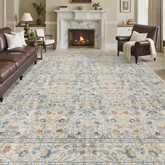 Ruicharm Washable Living Room Rug: 9x12 Boho Floral Soft Area Rug for Bedroom Decor - Vintage Low Pile Thin Carpet for Dining Room Non-Slip - Farmhouse Stain Resistant Rugs - Beige Blue