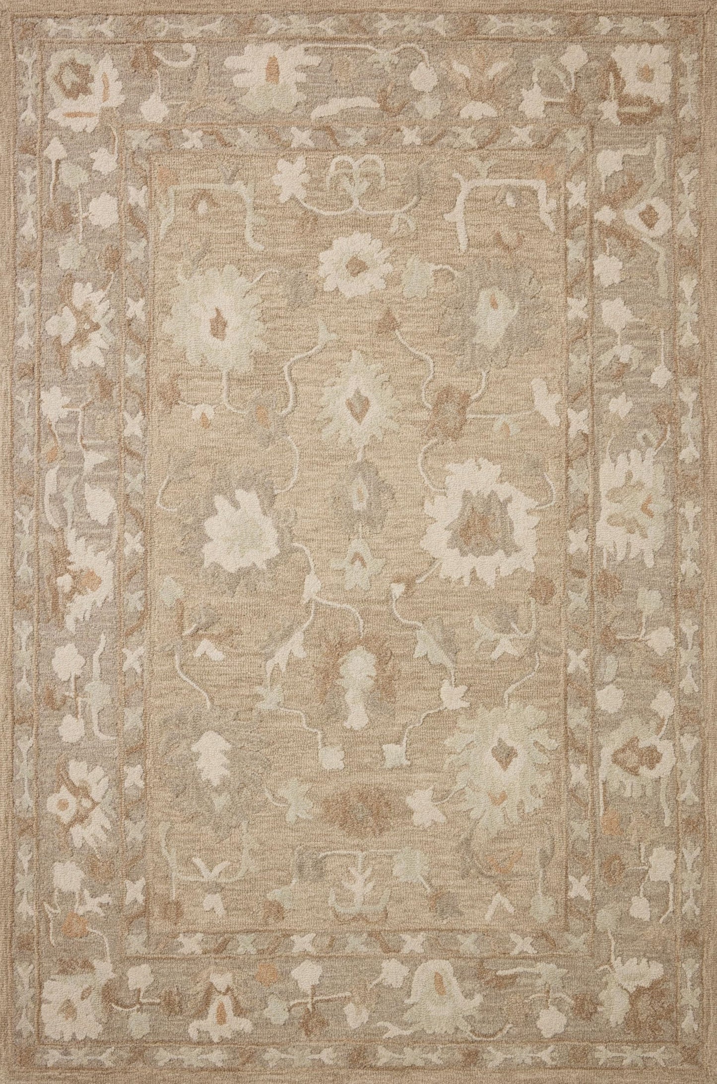 Loloi Chris Loves Julia Dorothea Collection DRT-02 Khaki/Dove 7'-9" x 9'-9" Area Rug Wool Neutral Floral Living Room Bedroom Carpet