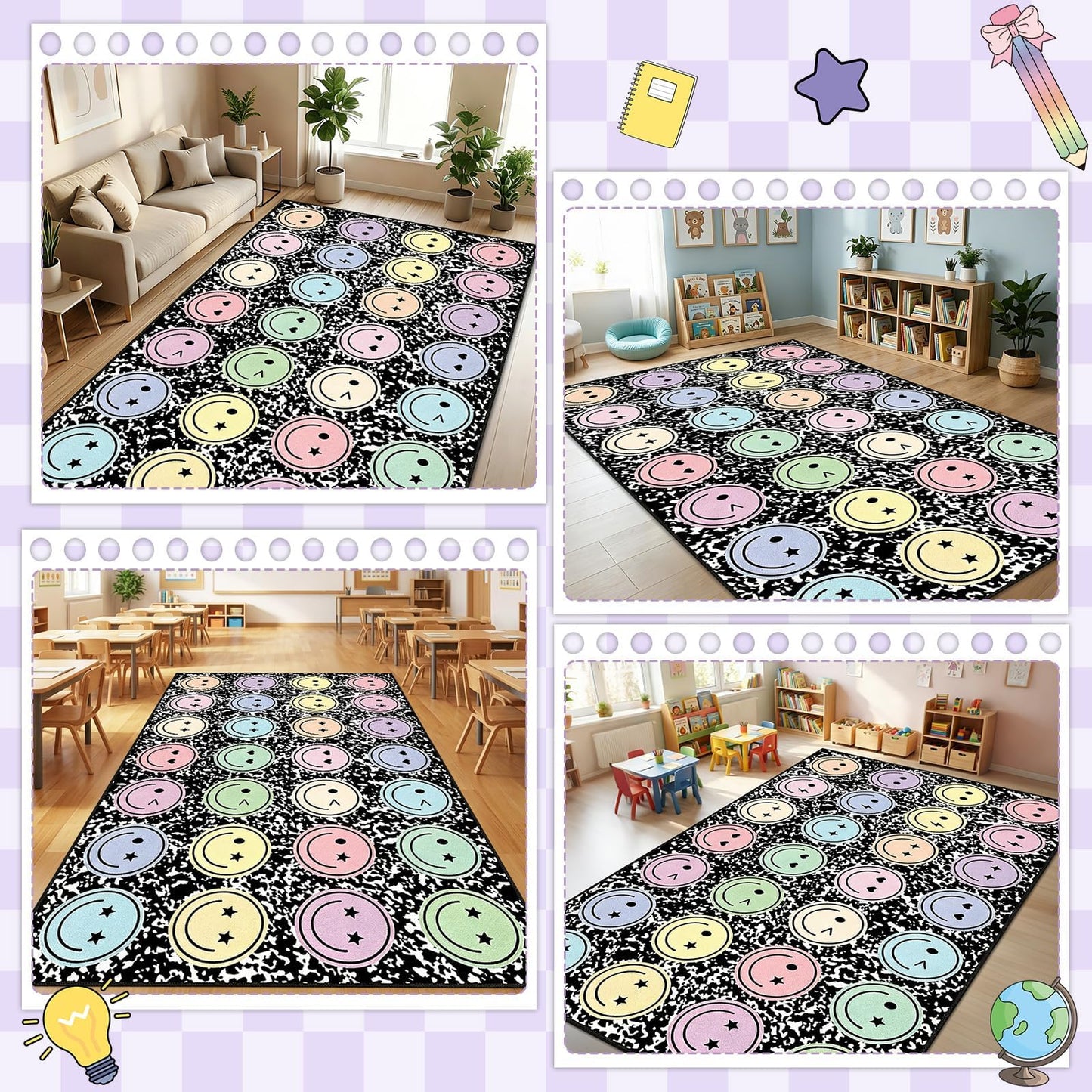 7.6x12 ft Large Smile Face Classroom Rug Happy Face Educational Area Mat Composition Notebook Play Carpet Back to School Learning Mat for Preschool Playroom Nursery Kindergarten(Black and White)