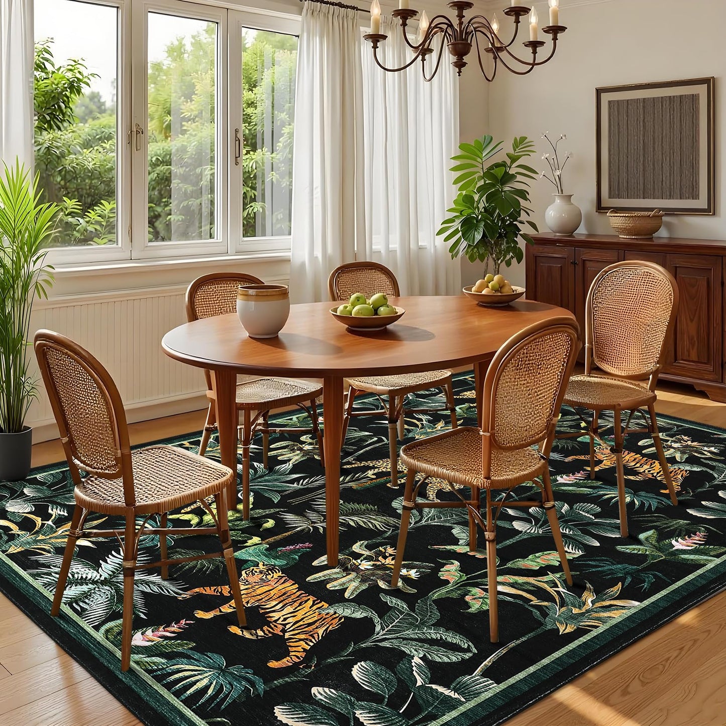 GAOMON Tiger Leopard Animals 9x12 Area Rug Large Washable Rugs for Living Room Bedroom Non Slip Soft Kids Rug Botanical Animal Print Foldable Indoor Carpet for Dining Room Office Nursery Dorm Black