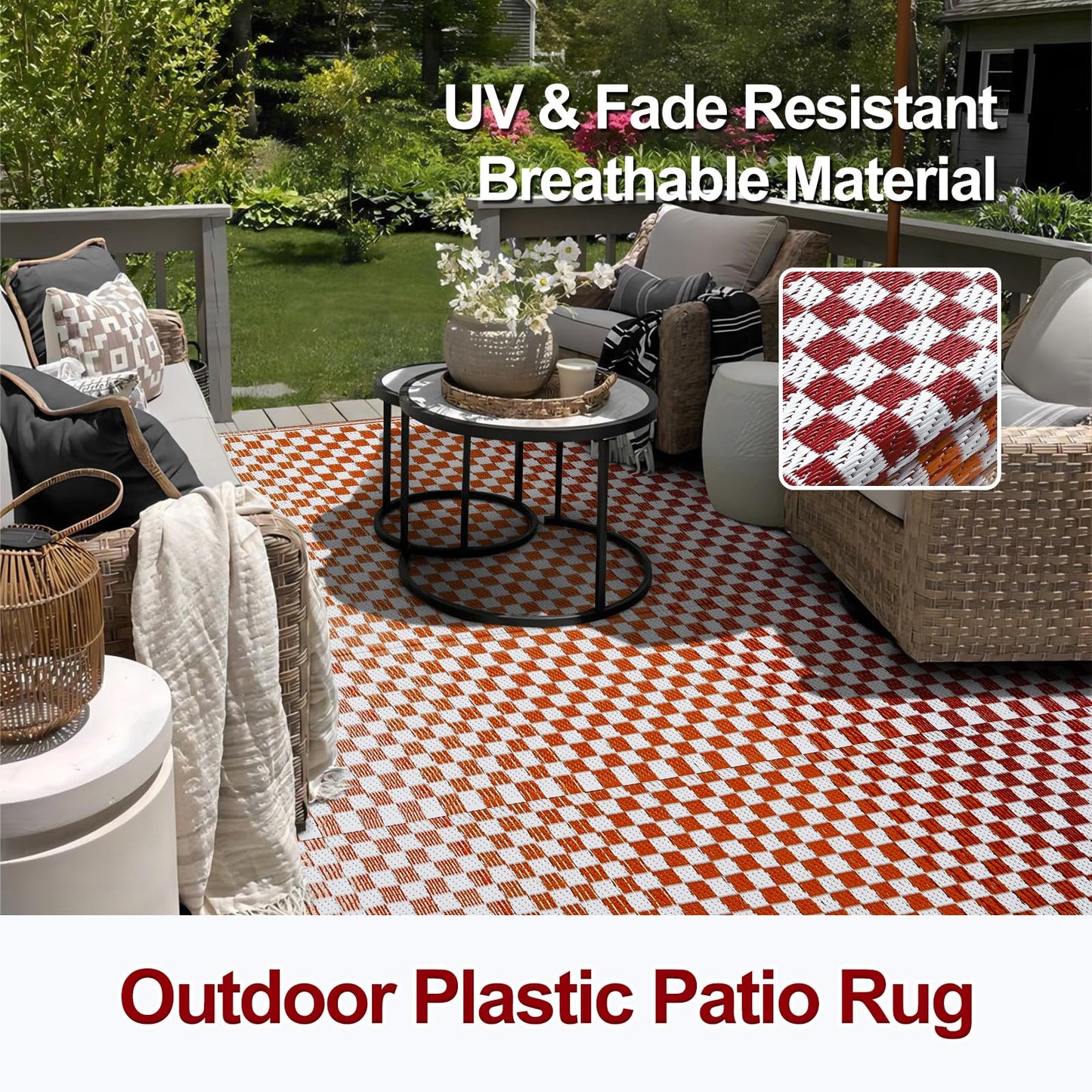 Wonnitar Waterproof Outdoor Rug 6x9 - Orange Red Gradient Checkered Camping RV Rug, Outside Patio Plastic Straw Mat for Balcony, Lightweight Reversible Portable Deck Carpet