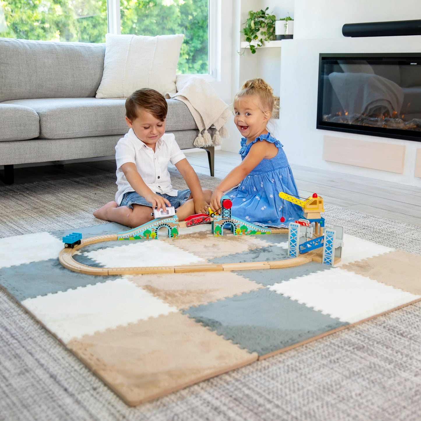 16 Piece Carpet Squares Puzzle Mat 49" x 49" Plush Interlocking Carpet Tiles, Foam Floor Tiles Play Mat - Kids Soft Play Mats Anti Slip Jigsaw Flooring Playmat Playroom Rug (Brown,Gray,White)