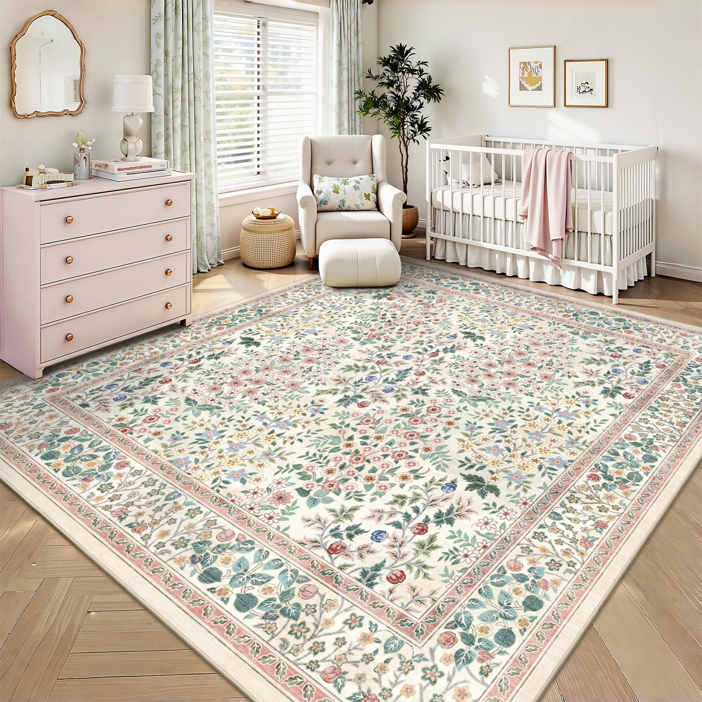 Yarooge 6x6 Square Area Rugs, Machine Washable Low Pile Floral Rugs for Living Room, Bedroom, Large Boho Area Rug with Non-Slip Backing for Dining Room(Pink Floral)