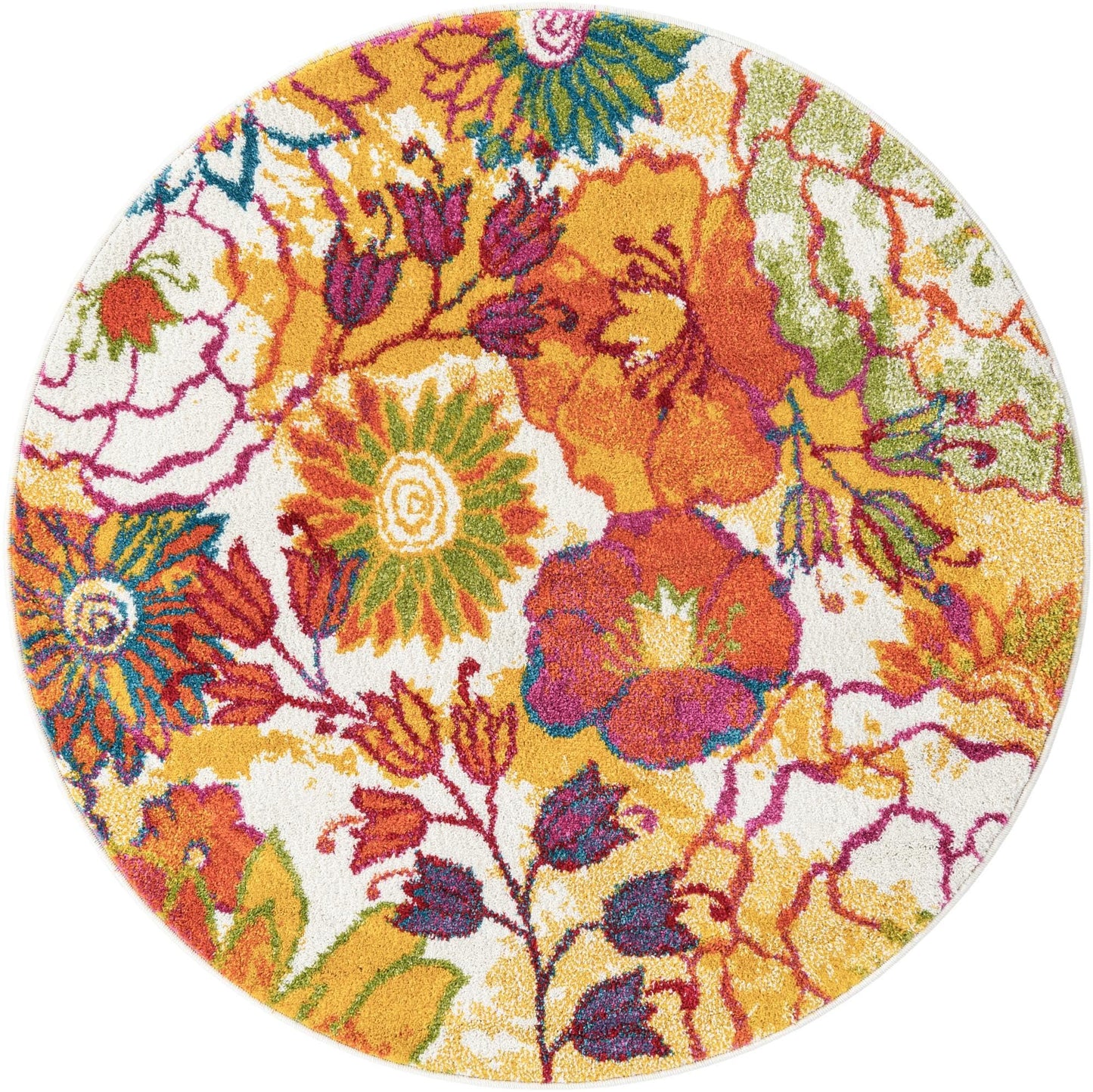 Rugs.com - Tuscany Rug – 4 Ft Round Ivory Floral Area Rug – Modern Stain-Resistant Carpet for Playrooms and Nurseries