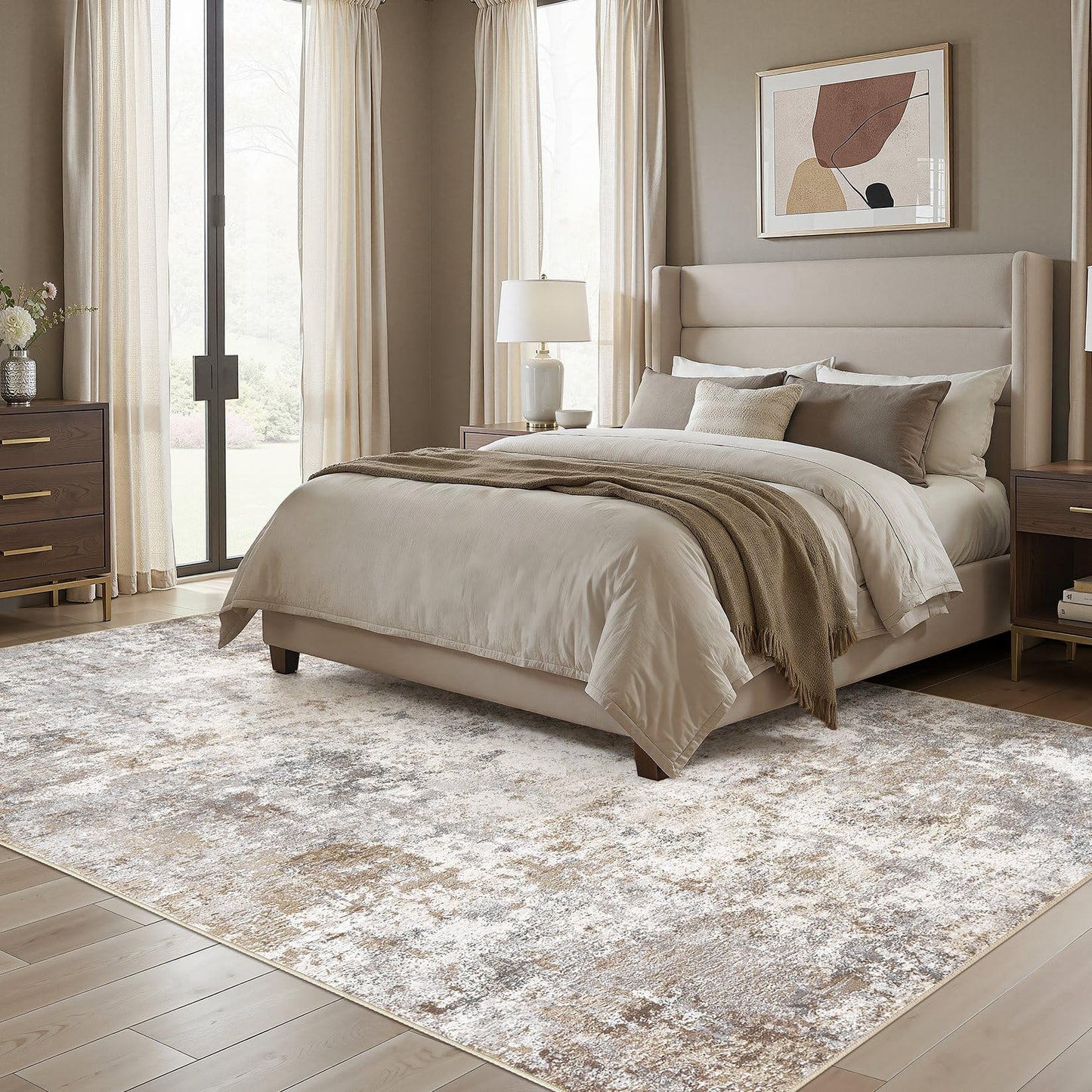 UERMEI 9x12 Washable Area Rug - Neutral Modern Abstract Living Room Rugs, Non-Slip Soft Large Indoor Floor Carpet for Bedroom Home Office & Under Dining Table Decor, Brown Grey