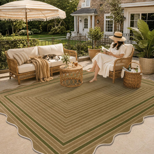 Yamaziot Washable Indoor Outdoor Rug 5x8, Scalloped Geometry Faux Tan Jute Outdoor Carpet Non Slip Modern Woven Textured Patio Rug for Backyard Balcony Deck, Green
