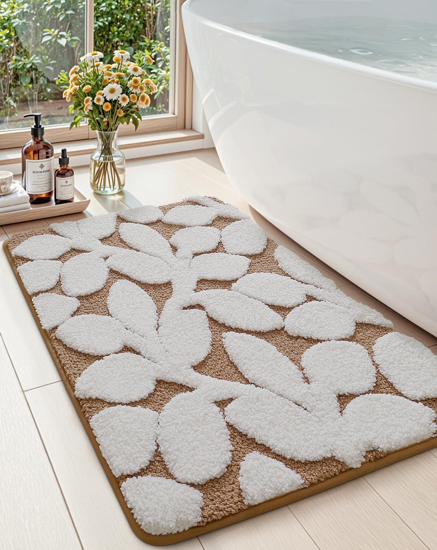 DEXI Bathroom Rugs 32x20, Boho White Leaf Bath Mat, Non Slip Washable Absorbent Quick Dry Bath Rugs, Extra Soft Plush Microfiber Bathmat for Shower Floor, Tub, Sink, Brown
