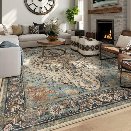 8x10 Machine Washable Area Rug for Living Room, Blue Beige Boho Vintage Floral Rug Large Non-Slip Low Pile Soft Faux Wool Carpet, Kids and Pets Friendly for Bedroom Dining Room Farmhouse Decor Rug