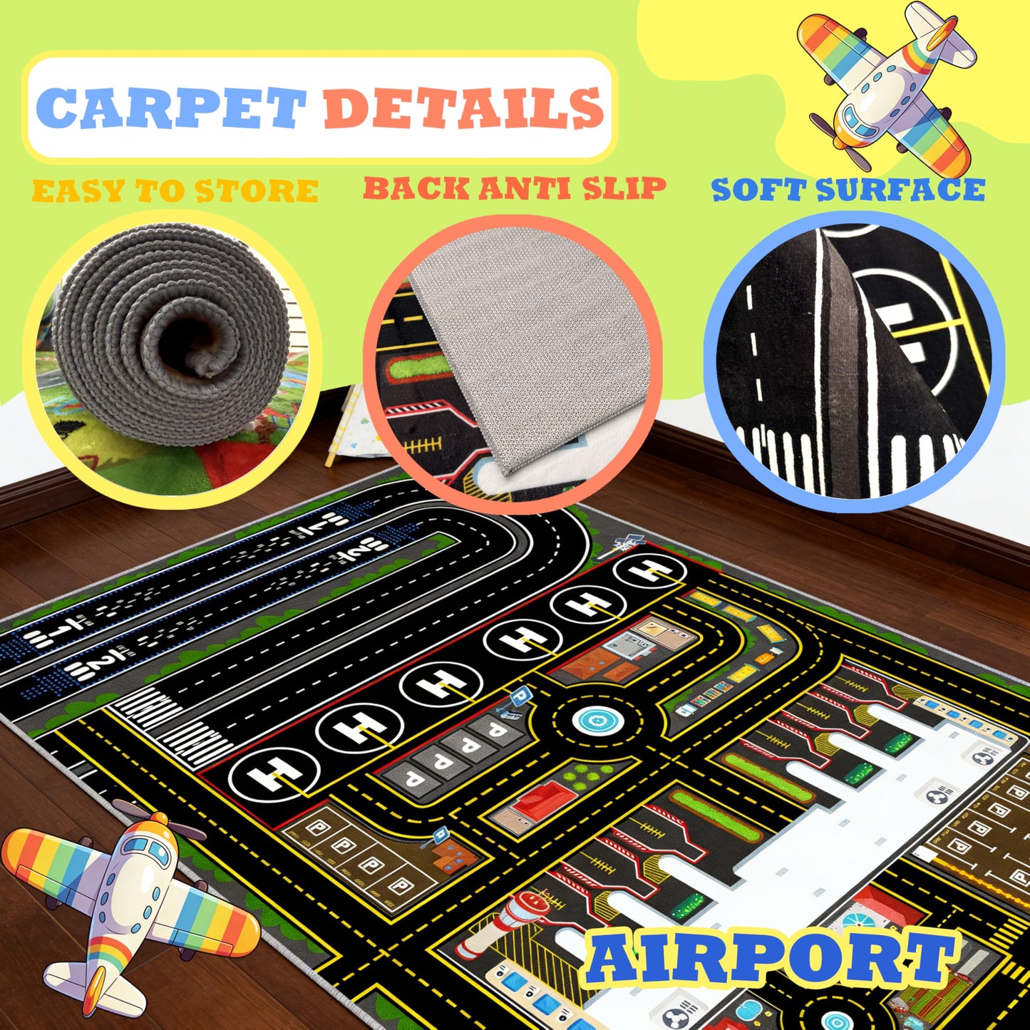 YSYTLCL Airport Rug for Boys Playroom Airplane Playmat for Play Toy, 31''x41'' Airport Parking Track Rug Carpet for Playroom Classroom Kids Room, Play Floor Mat Great Gift for Boy Girl.