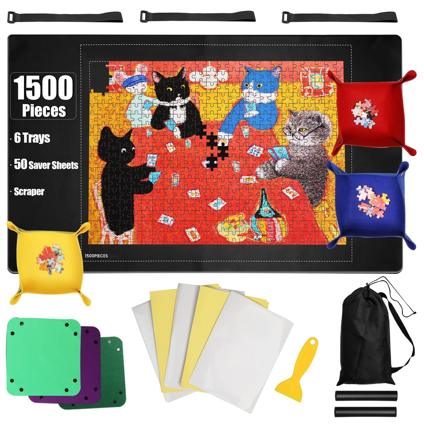 Bofoho Jigsaw Puzzle Mat Roll Up 46" x 26" for 1000 1500 Pieces, Portable Saver Pad with Non-Slip Rubber Bottom & Smooth Top, 6 Sorting Trays, Storage Bag, 50 Puzzle Saver Sheets & Scraper Tool