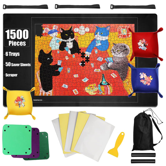 Bofoho Jigsaw Puzzle Mat Roll Up 46" x 26" for 1000 1500 Pieces, Portable Saver Pad with Non-Slip Rubber Bottom & Smooth Top, 6 Sorting Trays, Storage Bag, 50 Puzzle Saver Sheets & Scraper Tool