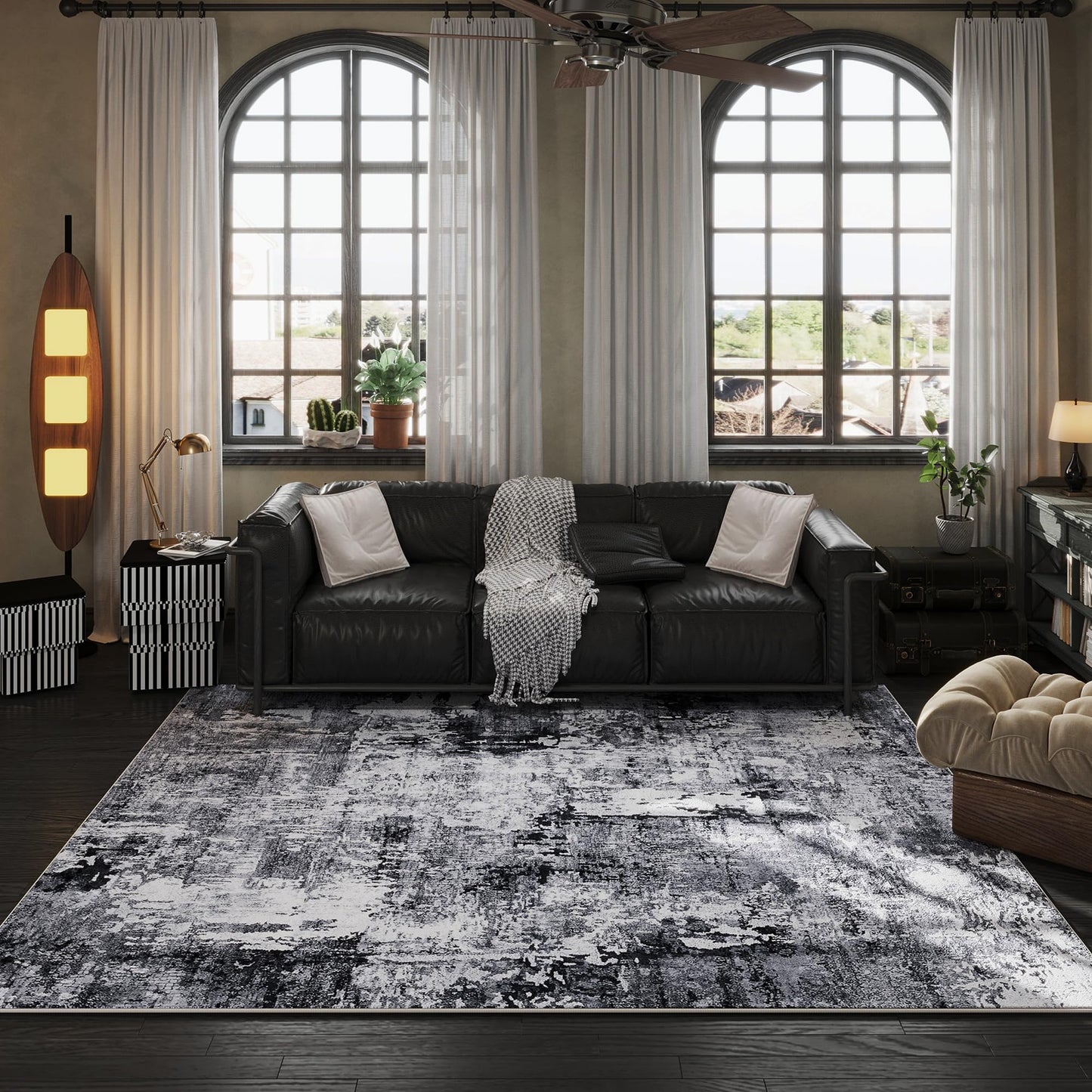 Rugcomf Area Rug 5x7 Washable Rug Boho Soft Abstract Pattern Non-Slip Faux Wool Vintage for Living Room, Bedroom, Farmhouse, Dining Room, Kids Playroom, Grey and Black