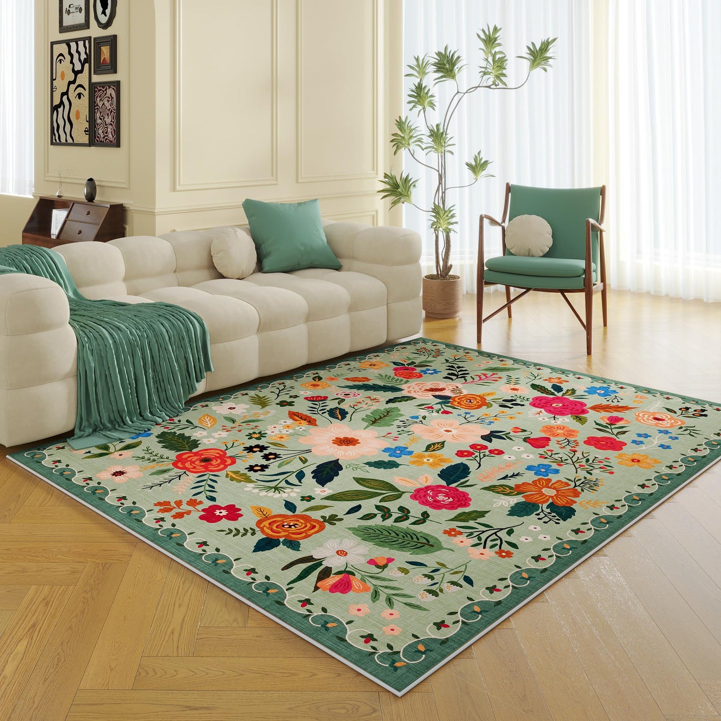 Rugcomf Living Room Rug 5x7 Rug Machine Washable Boho Area Rug Non Slip Floral Vintage Low Pile Large Rugs for Living Room, Bedroom, Farmhouse, Dining Room, Kids Playroom(Green)