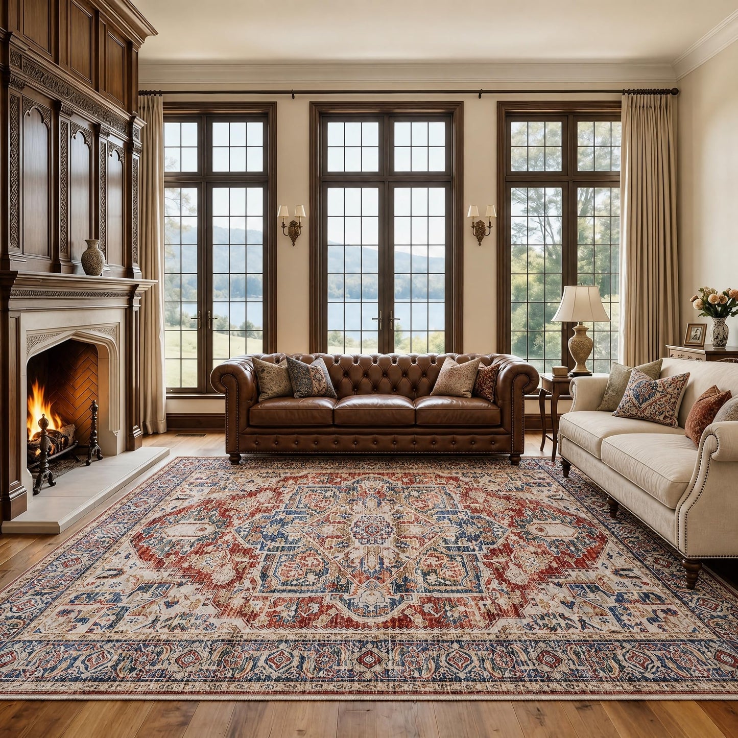 AMADA HOMEFURNISHING 8x10 Washable Area Rug, Low-Profile Large Area Rug with Non-Slip Backing & Durable Edge Binding, Vintage Large Rugs for Living Room, Bedroom, Dinning Room