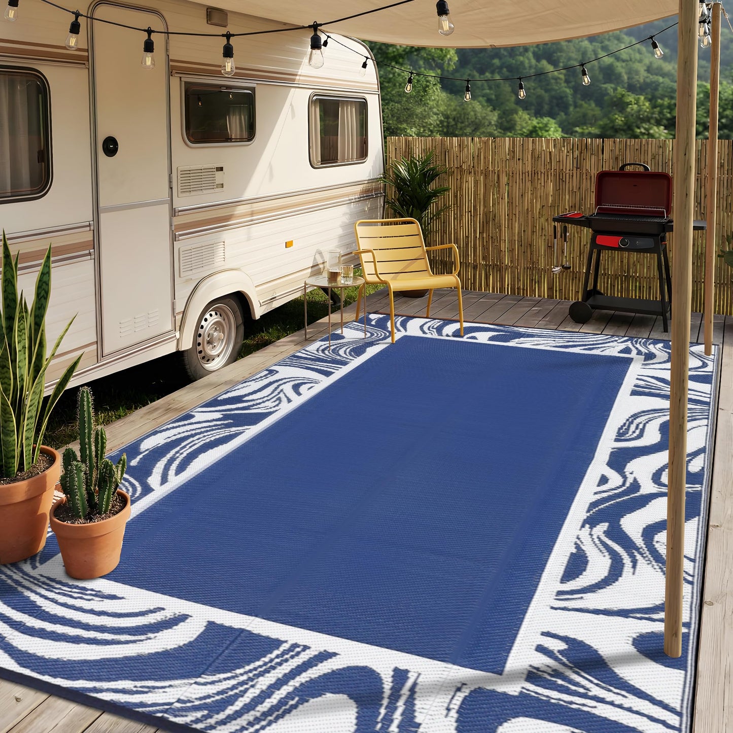 Garvee Outdoor Rug 5x8 Modern Bordered Camping Rug Foldable Plastic Straw Rugs Waterproof Abstract Reversible Large Outdoor Carpet for Patio, RV, Deck, Balcony, Backyard, Picnic, Beach, Clover,Navy