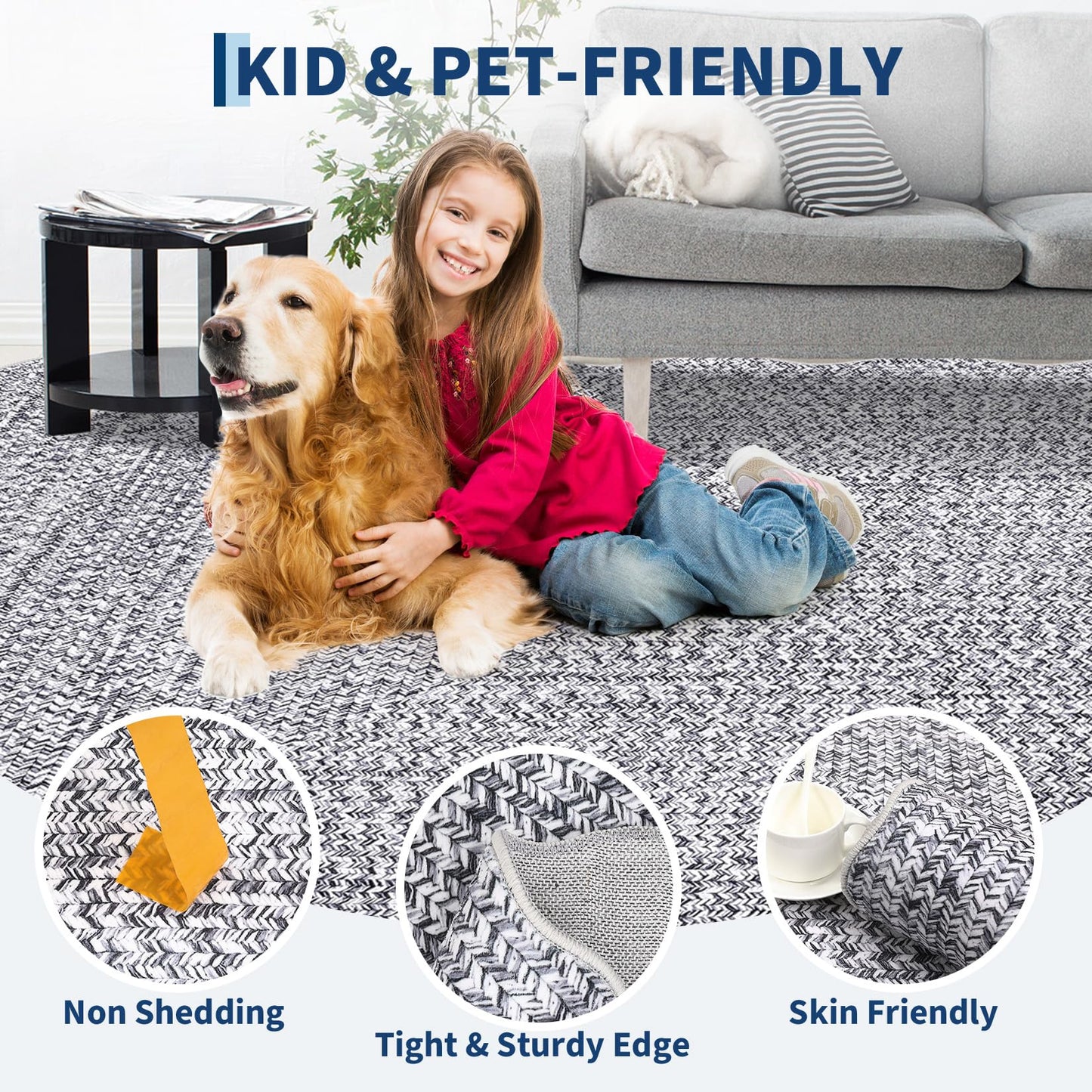 GlowSol Washable Rug 5x7 Farmhouse Scalloped Rug with Non Slip TPR Backing, Low Pile Non Shedding Rugs, Soft Solid Rugs Foldable Mat for Living Room Nursery Dining Room, Grey