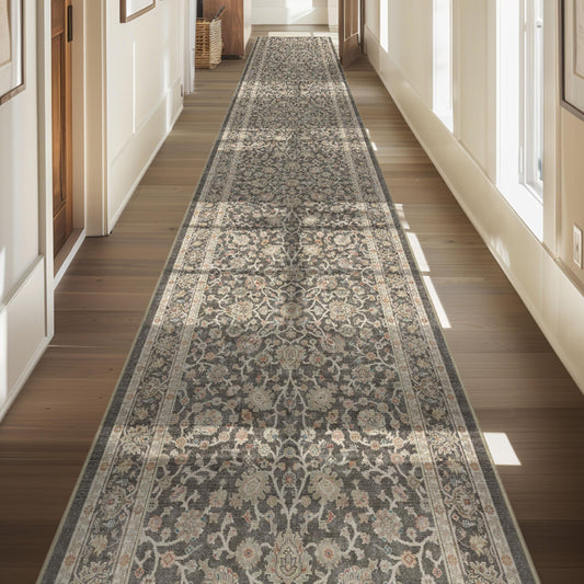 Well Woven Custom Size Hallway & Stair Runner- Asha Rome Charcoal Brown 26 Inches Wide Super Thin Long Runner (26" x 12' Runner) Rug - Floral, Easy Clean, Floor-Friendly Backing