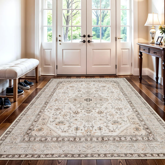 5x8 Area Rug Bedroom Washable: Oriental Rugs for Living Room - Ultra Thin Low Pile Stain Resistant Carpet - Home Decor for Vintage Style Lover 5x8 Ivory