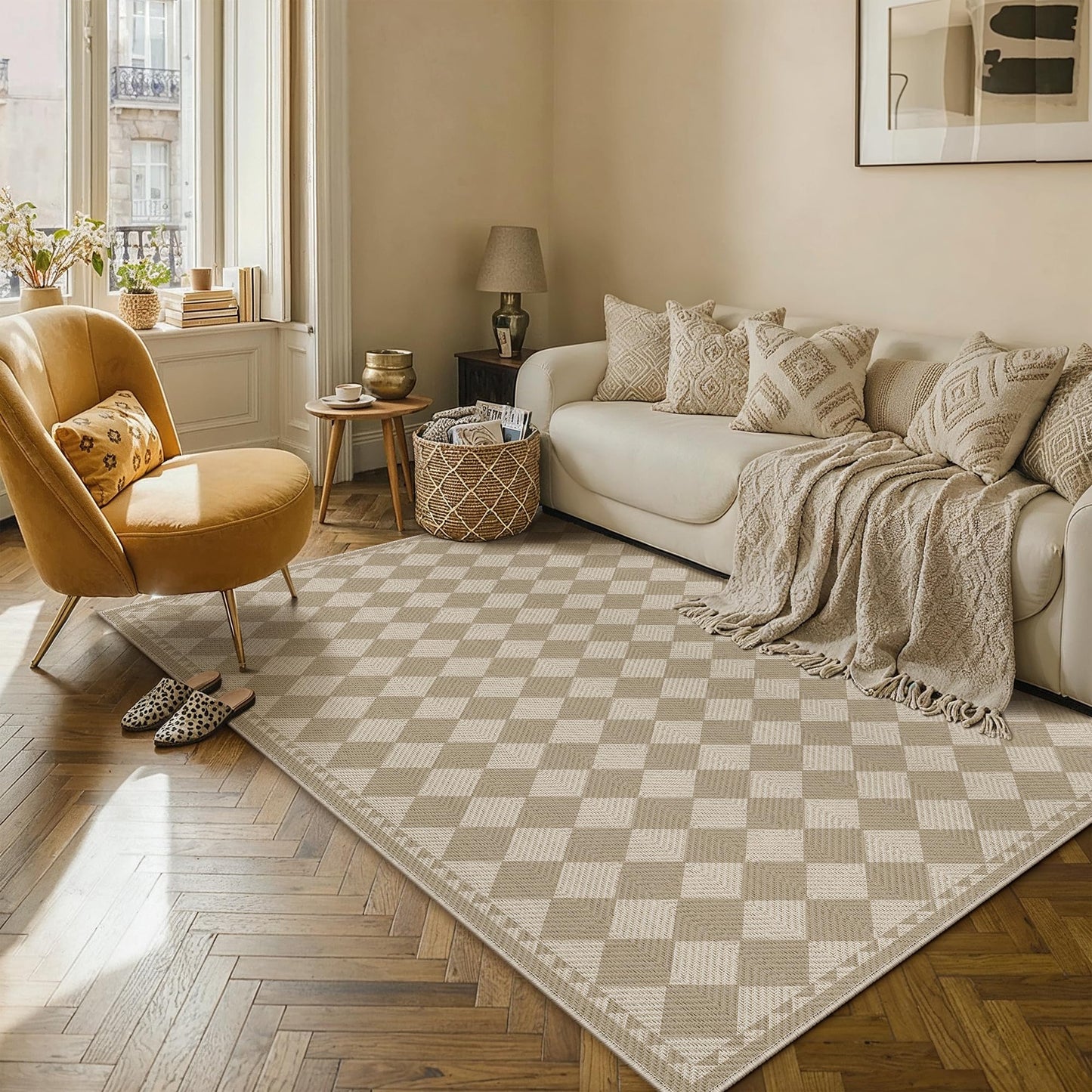 HUGEAR 5x7 Outdoor Rug Brown/Beige Linen-Look Fabric Checkered Area Rug High Traffic Stain Resistant Easy Clean Durable Rugs for Indoor/Outdoor Patio Deck Balcony Porch Garden Courtyard