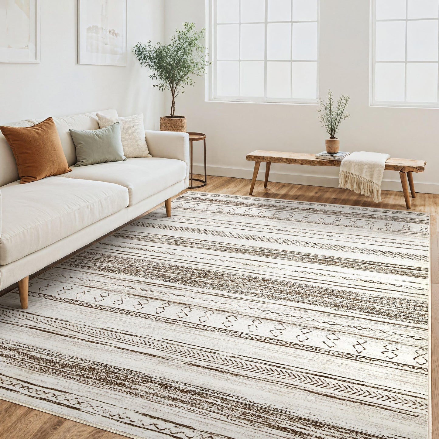 Tortania Area Rug Living Room Rugs - 5x7 Washable Large Soft Neutral Boho Moroccan Bohemian Farmhouse Rug Indoor Floor Carpet for Bedroom Under Dining Table Home Office Decor - Cream Brown