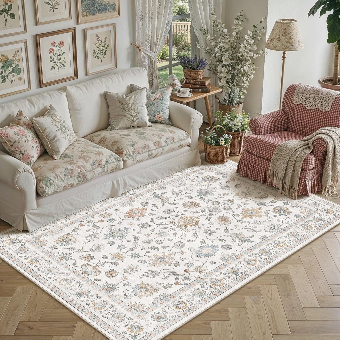 HUGEAR Area Rug 6x9 Vintage Grey Beige Machine Washable Living Room Rugs Distressed Retro Floral Vacuumable Low Pile Carpet Bedroom Office Dining Farmhouse Playroom Non Slip