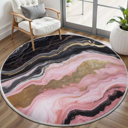 bstract Round Area Rug 4ft Modern Marble Pattern Pink Decorative Circle Rug Low-Pile Soft Carpet Washable Indoor Floor Mat for Living Room Bedroom Dining Room Home Office