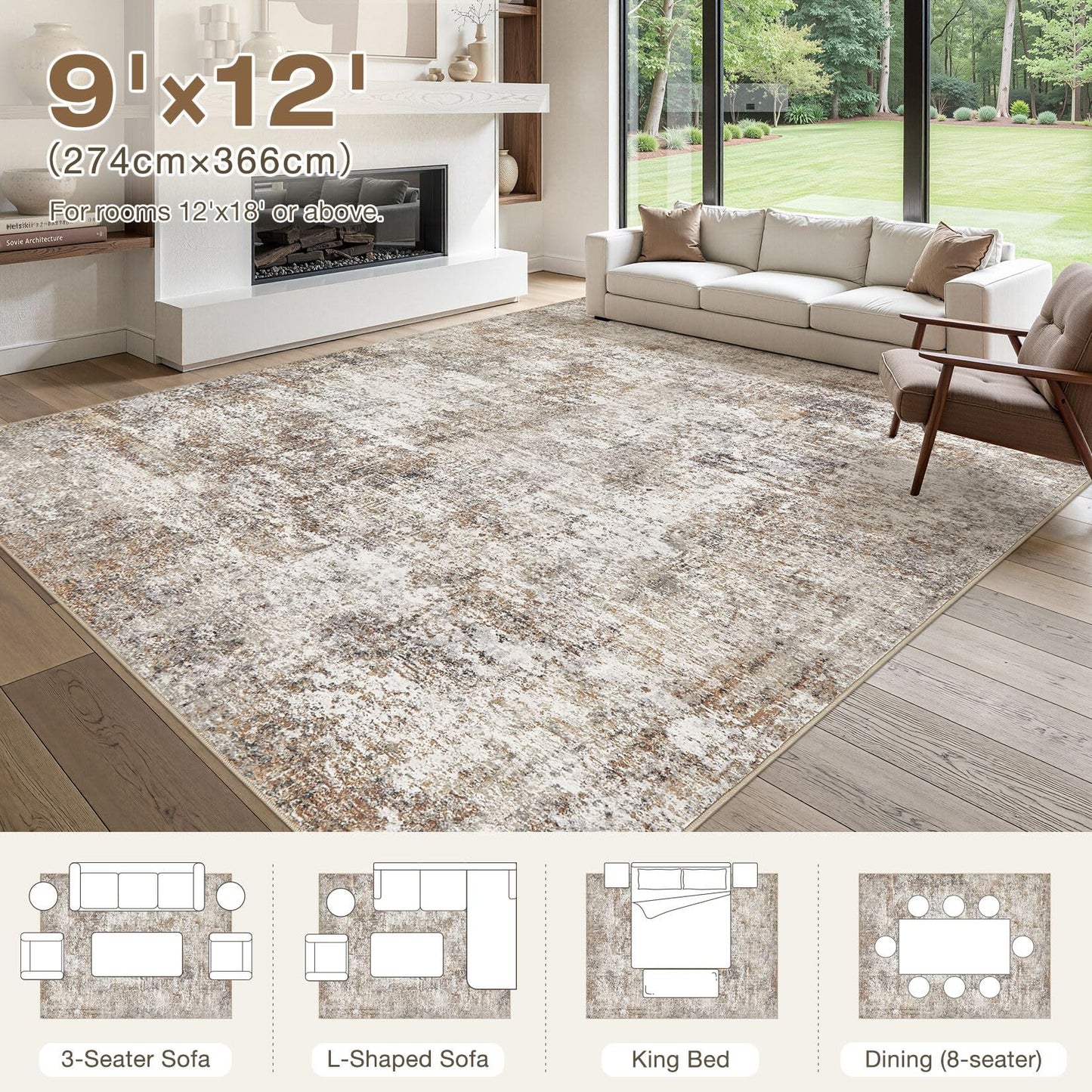 9x12 Area Rugs for Living Room: Washable Large Neutral Abstract Rug Soft Non Slip Stain Resistant Low Pile Indoor Carpet for Bedroom Dining Room Nursery Office Playroom - Brown Grey