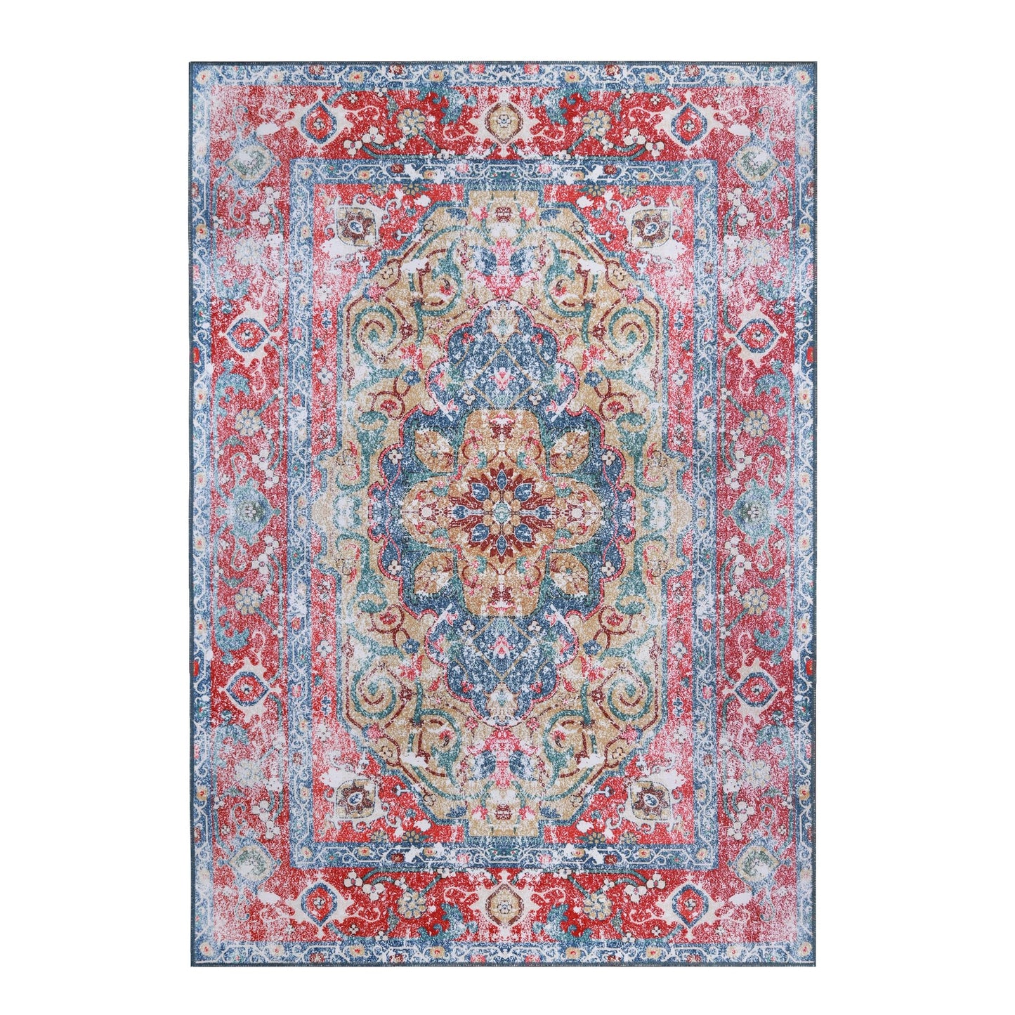 Superior Medallion Washable Rug, Cotton Backing, Carpet for Dining Table Mud Room, Easy Care, Non-Slip Rug for Entry, Living Room, Bedroom, Low Pile Area Rug, Tanager Collection, 10' x 14', Red