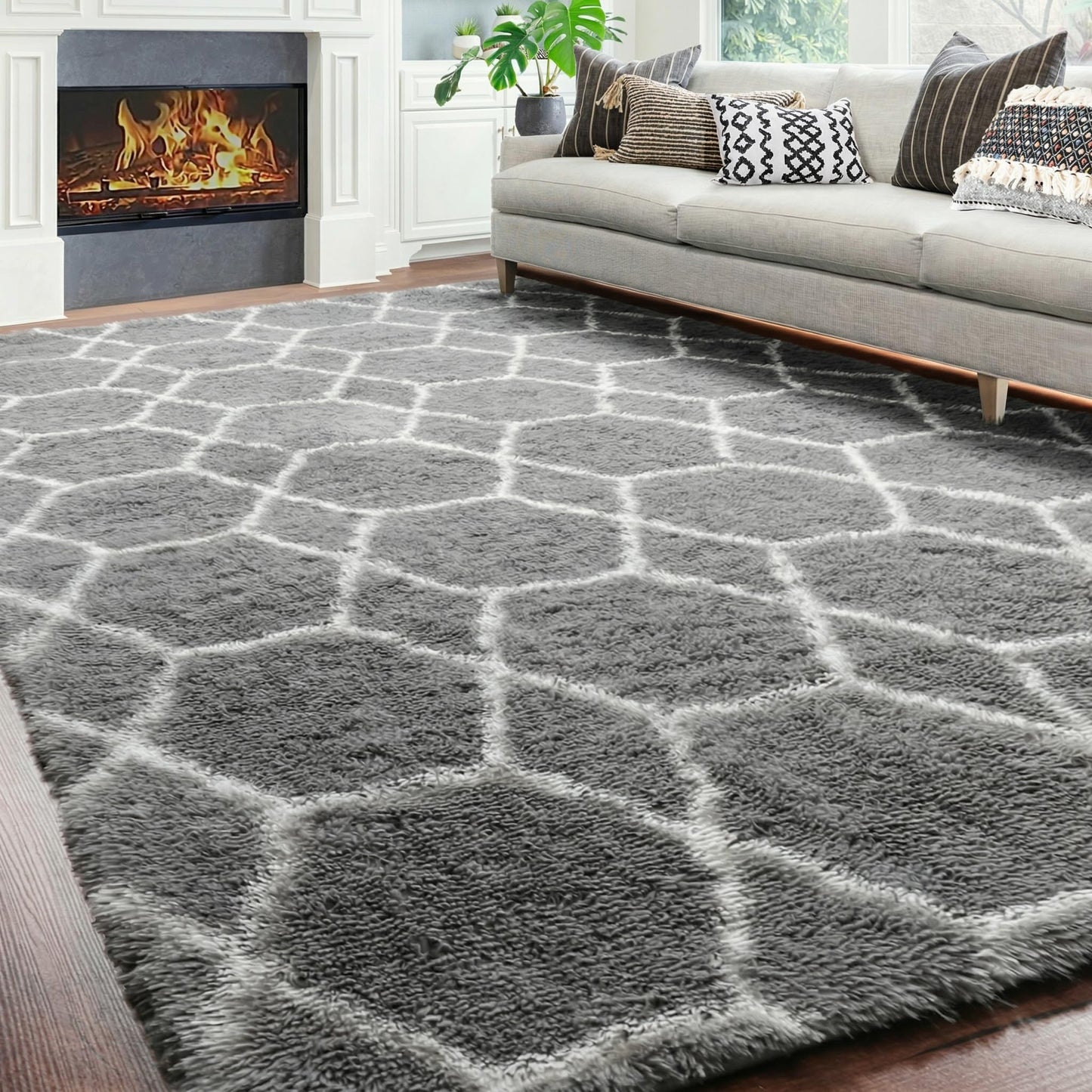 ONASAR 6x9 Area Rugs for Living Room Bedroom, Large Fluffy Grey and White Throw Rug, Geometric Soft Plush Shaggy Floor Carpet for Nursery Kids Girls Boys Teen Dorm Home Decor Aesthetic