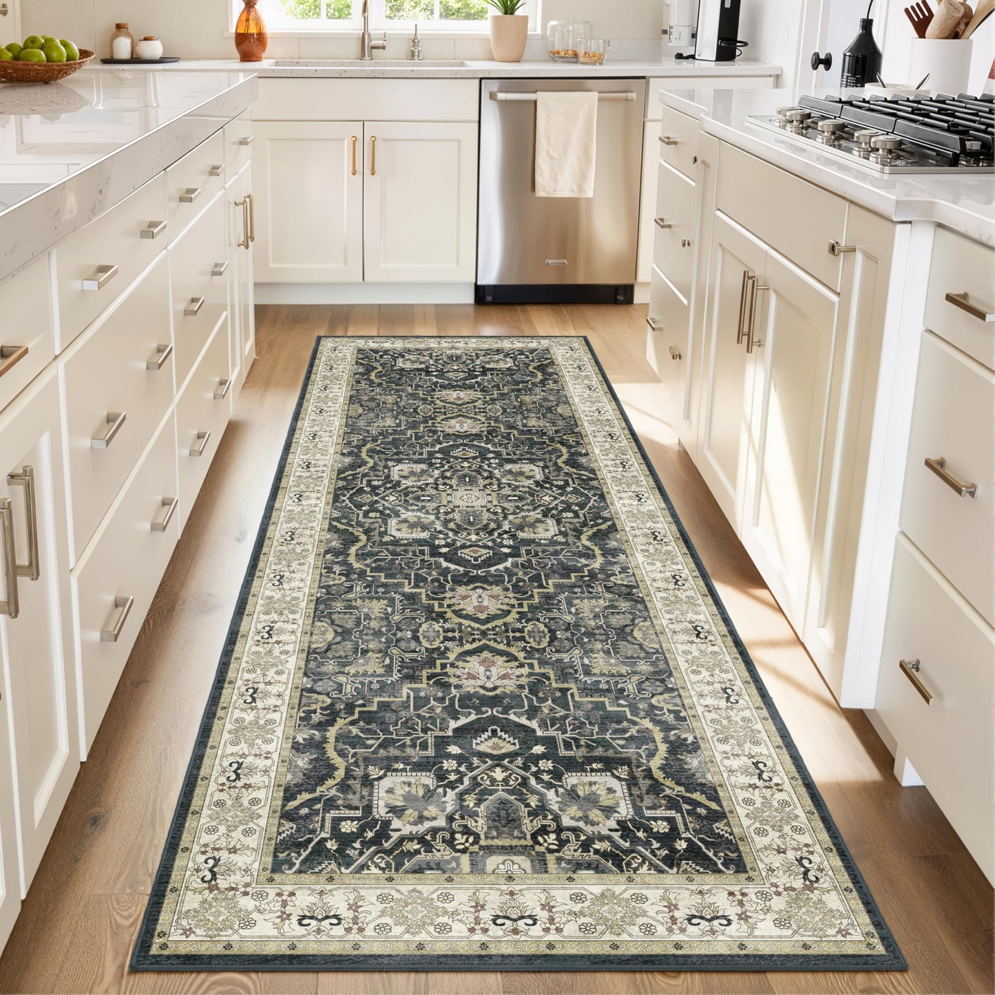 EiniHliw 2x6 Washable Kitchen Runner Rug, Non Slip Vintage Runner Rugs for Hallway, Ultra-Thin Low Pile Distressed Kitchen Rugs Non Skid, Machine Washable Laundry Entryway Indoor Carpet,Black